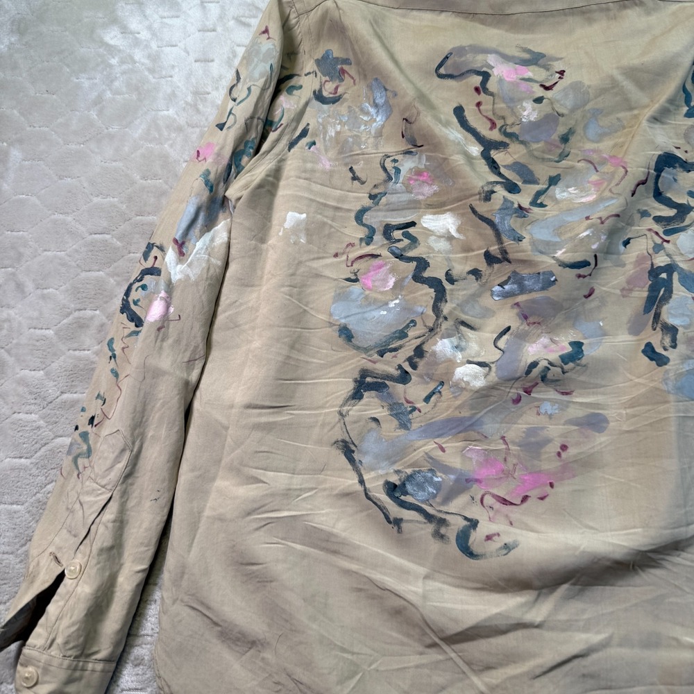 VTG 90s Lanvin Paris Silk Shirt Sz Medium Painted Customized Look - Picture 13 of 15